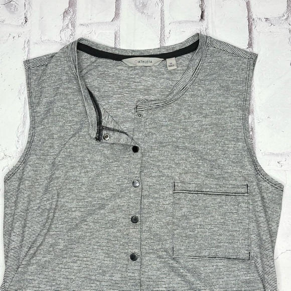 ATHLETA Sleeveless Maxi Dress Sz M Gray Ruched Stretch Microstripe Henley Jersey - Picture 11 of 12